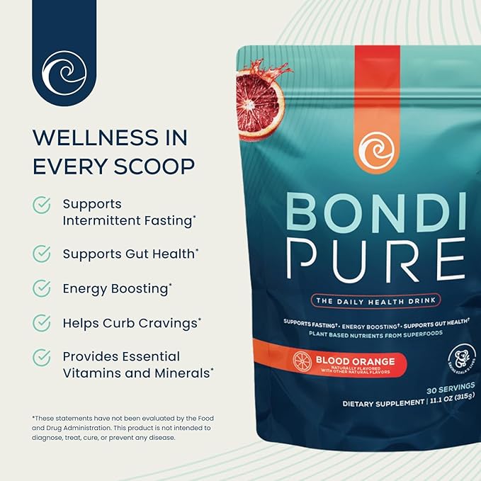 Bondi Pure - Daily Health & Detox Drink - Promote Gut Health & Energy Support During a Cleanse or Intermittent Fasting - Plant-Based Fibers, Alkalizing Super Greens - Blood Orange (2-Pack)