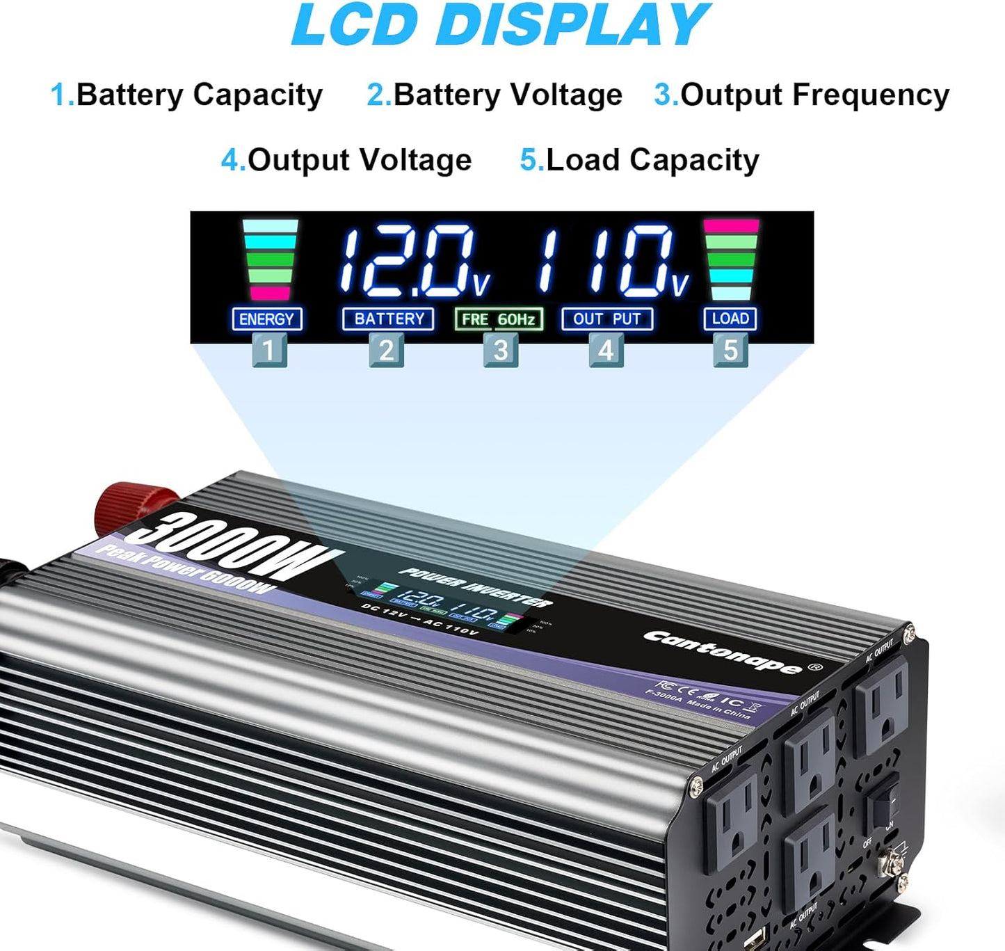 3000W Power Inverter 12V to 110V/120V DC to AC with LCD Display, Remote Controller and 4 x AC Outlets Car Adapter for Car Truck Boat RV Off Grid Solar System