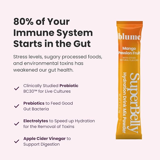 Blume SuperBelly Gut Health and On-The-Go Hydration Packets, Sugar-Free, with Prebiotics, Probiotics, Apple Cider Vinegar, Vitamin C, and Electrolytes, Mango Passion Fruit, 15 Sticks