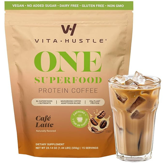 VitaHustle ONE Protein Coffee - Superfood Meal Replacement Powder, Plant Based Protein Shake Powder, Vegan. Superfoods, Vitamins, Ashwagandha, Functional Mushroom Blend (Cafe Latte) 15 Servings