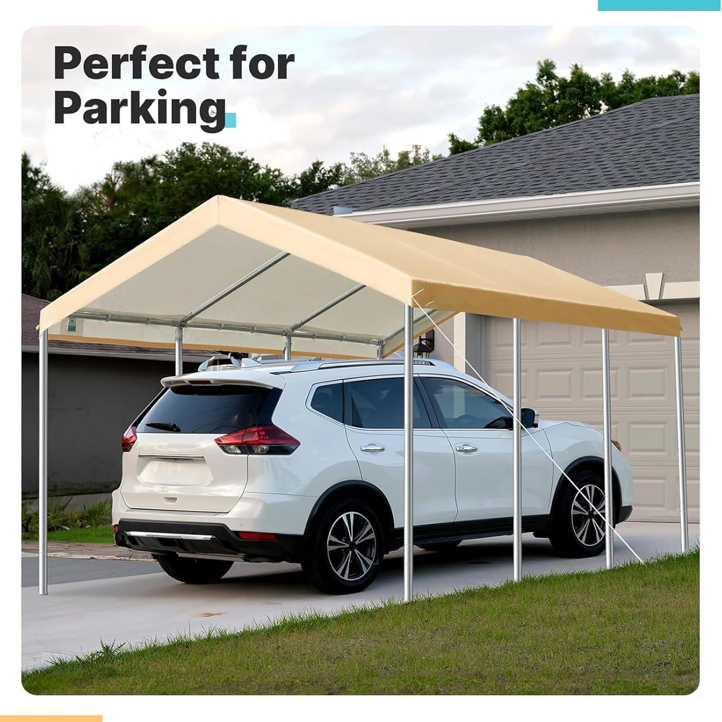 Carport Replacement Canopy Cover for Car Tent Top Garage Shelter Cover Tarp with Ball Bungees (Only Top Cover, Frame Not Include) (Beige 10’ x 20‘)