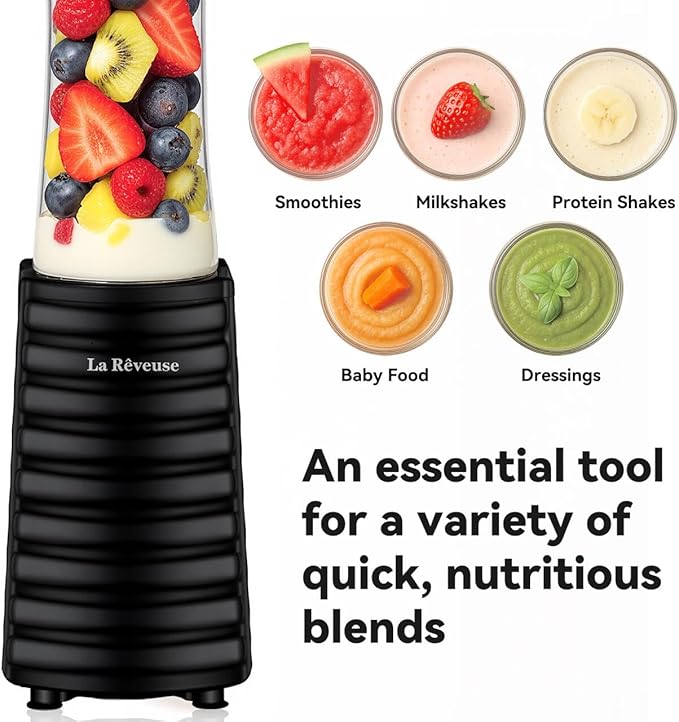 La Reveuse Smoothies Blender 300 Watt with 18 oz BPA-free Portable Travel Sports Bottle (Black)