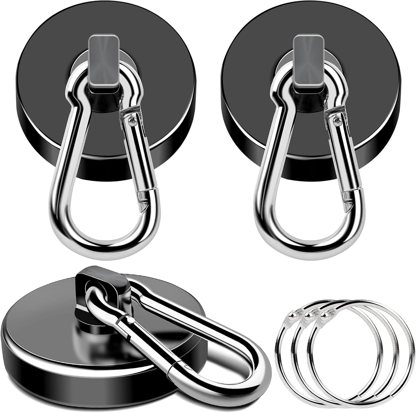MIKEDE Magnetic Hooks, 150LB Neodymium Magnets Heavy Duty with Swivel Carabiner Hooks, Strong Rare Earth Magnetic Hook Hanger, Black Magnets with Hooks for Garage, Kitchen, Cruise Cabin - 3 Pack