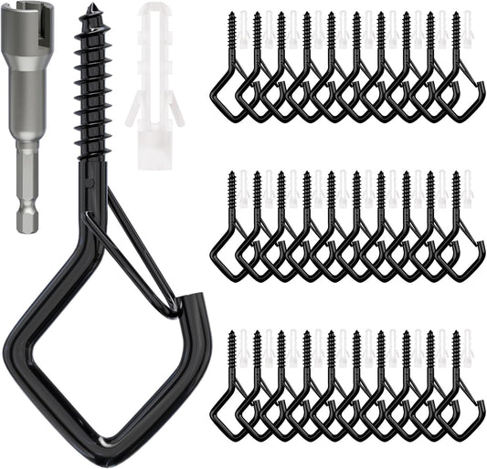 Square Ceiling Hooks with Safety Buckle for String Lights, Plants, Wind Chimes, 40-Pack, 2.36 inch, Black