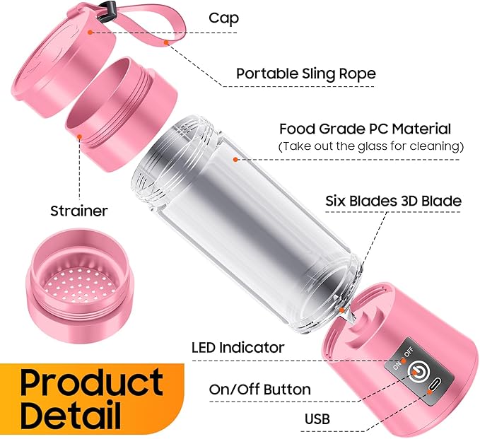 Personal Blender for Shakes and Smoothies - 2025 New Upgrade Cordless Portable Blender USB-C Rechargeable, 380Ml BAP Free Juice Cup, 6 Blades Freshly Squeezed for Picnic/Sprots, 20000Rpm/Min Speed