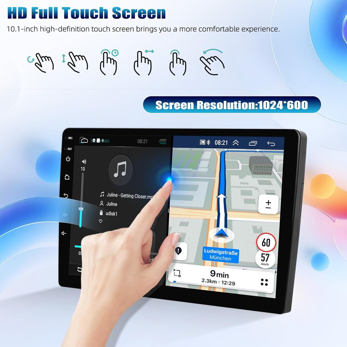 Double Din Car Stereo Radio Receiver, 10.1” 2.5D Curved HD Touch Screen Head Unit Multimedia Player, Support Rear View Camera&Android iOS Mirror Link Dual USB Input+License Plate Camera