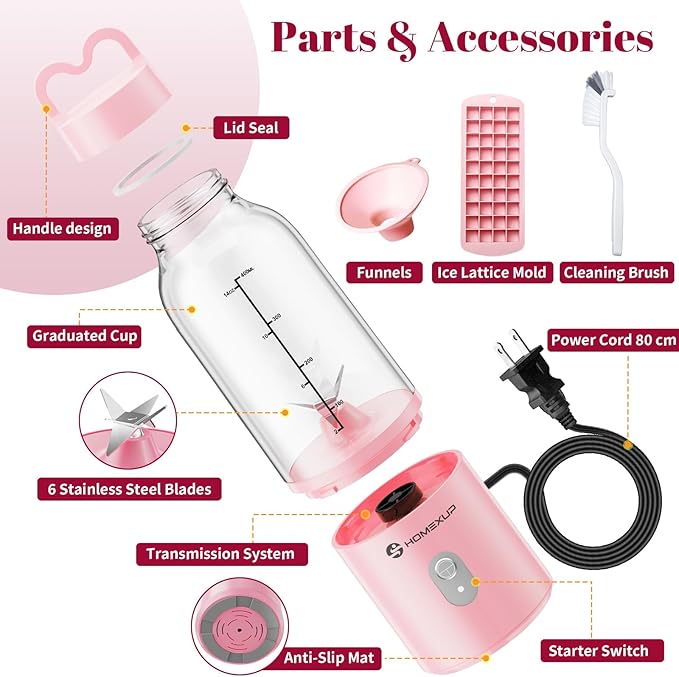 2PCS Portable Personal Blender 17 OZ/500 ML Juicer, 175W Personal Size Blender, Ideal for Smoothies, Ice Blending, Juicing, and Food Processing, Compact, Convenient, and Versatile (Pink&Blue)