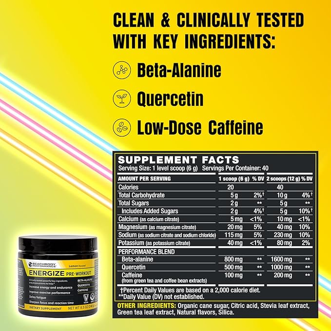 BODi Energize Pre Workout Powder - Beta-Alanine, Quercetin & Low-Dose Caffeine Formula for Enhanced Energy & Focus, Increase Energy & Endurance Supplement, Lemon Flavored, 40 Servings