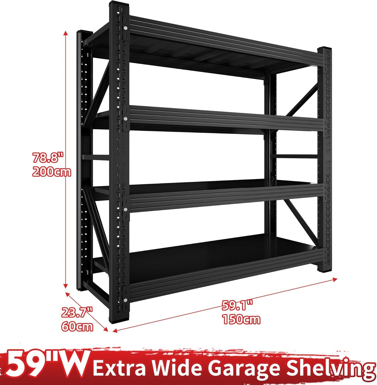 5000LBS Heavy Duty Garage Shelving 59" W Garage Storage Shelves 4-Tier Metal Garage Shelving Adjustable Shelf Unit Storage Rack for Basement Supermarket Warehouse 59" W x 24" D x 78" H Black
