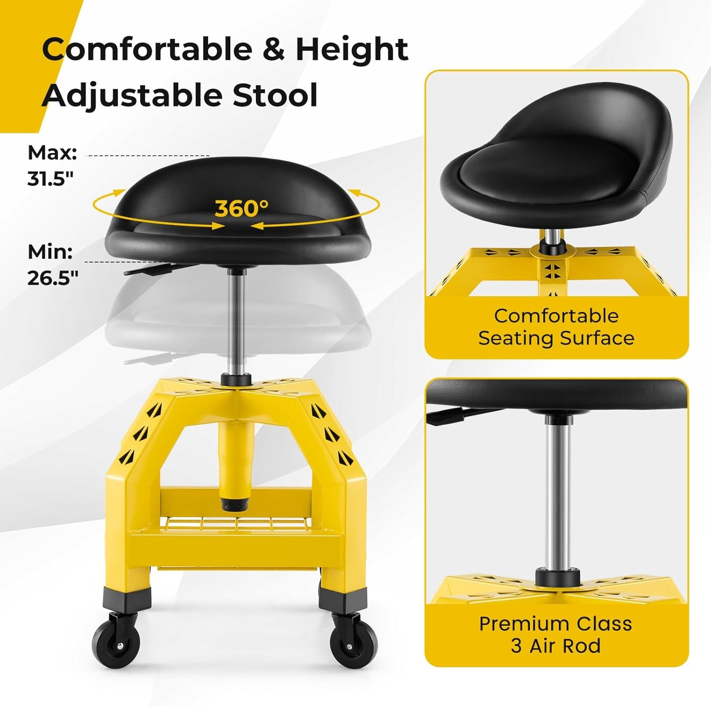 S AFSTAR Shop Stool with Wheels, Height Adjustable Garage Stool with 4 Universal Wheels & Tool Tray, 330 LBS Capacity, Heavy Duty Creeper Chair Seat Rolling Mechanic Stool for Garage Workshop (Yellow)