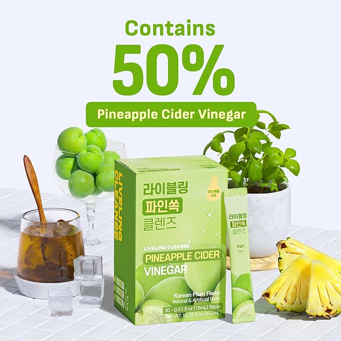 [Liveling] Pineapple Cider Vinegar Drink Stick – Korean-Plum Flavor | Supports Digestion, Daily Cleanse, Sugar-Free, Low-Calorie, Portable On-The-Go Packets (30 sticks)