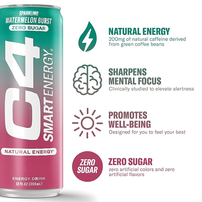 Cellucor C4 Smart Energy Drink ‚ Boost Focus and Energy with Zero Sugar, Natural Energy, and Nootropics - 200mg Caffeine - Watermelon Burst (12oz Pack of 12)