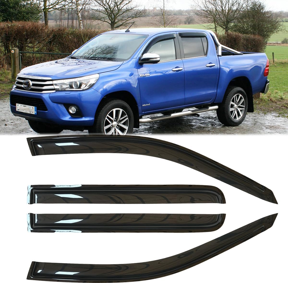 4pcs Outside Mount Style Dark Smoke Window Rain Guards Durable Side Wind Deflectors Vent Window Visors Fit for 2005-2021 Toyota HILUX Crew Cab Pickup