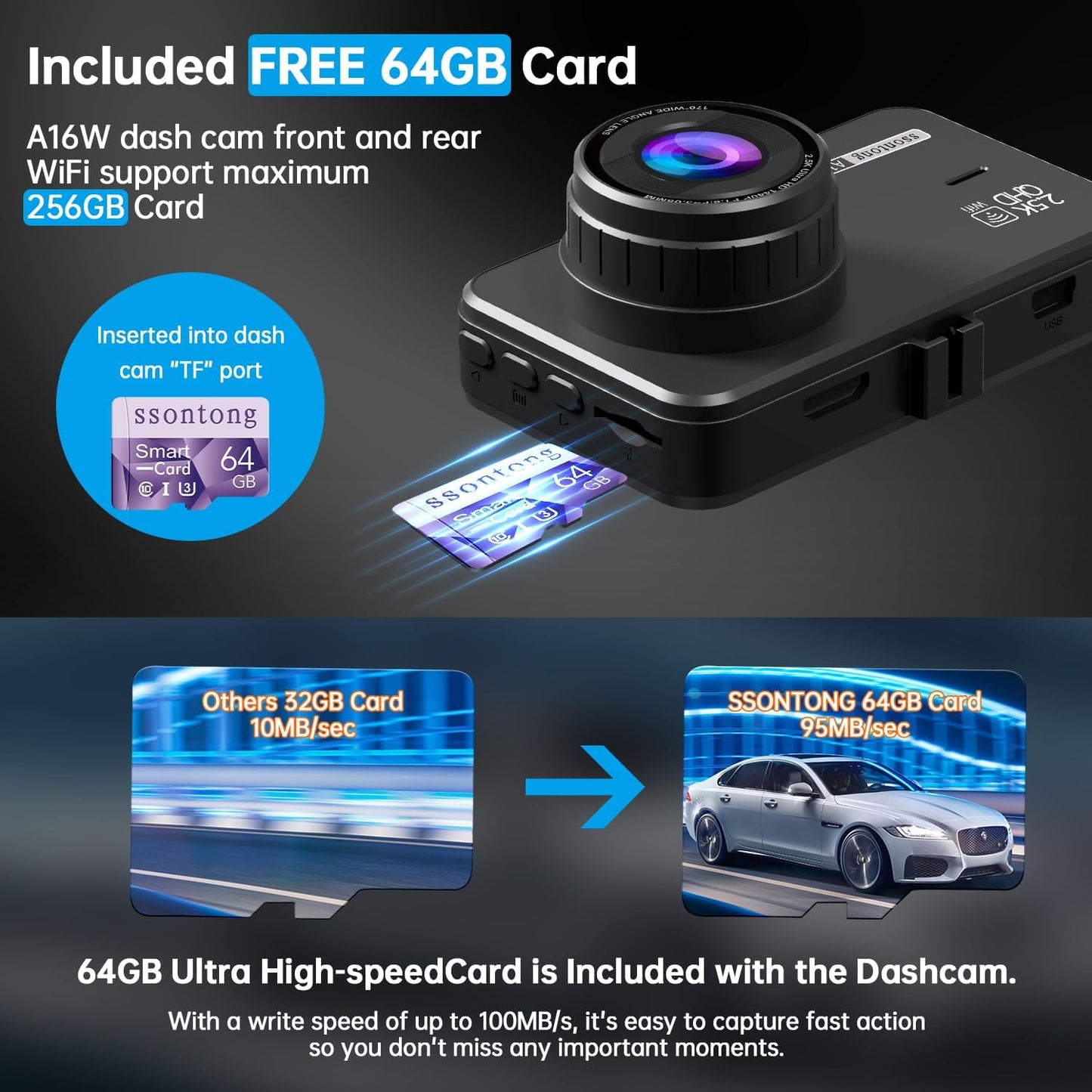 Dash Cam Front and Rear, Dash Camera for Cars WiFi/APP Control Dual Dashcam W/ 64GB Card, 2.5K Dash Cam Front+1080P Rear Car Camera W/Super Night Vision, Loop Recording, G-Sensor, Max Support 256GB