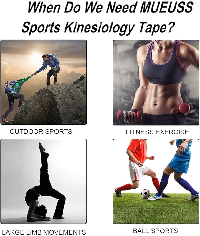 MUEUSS Kinesiology Tape,Sports Tape,Athletic Tape Elastic Cotton Precut Strips,Waterproof Tape for Protects Muscles,Knees,Shoulders Plantar Fasciitis Pain Relief,Pregnancy Belly Tape (2 Rolls Black)