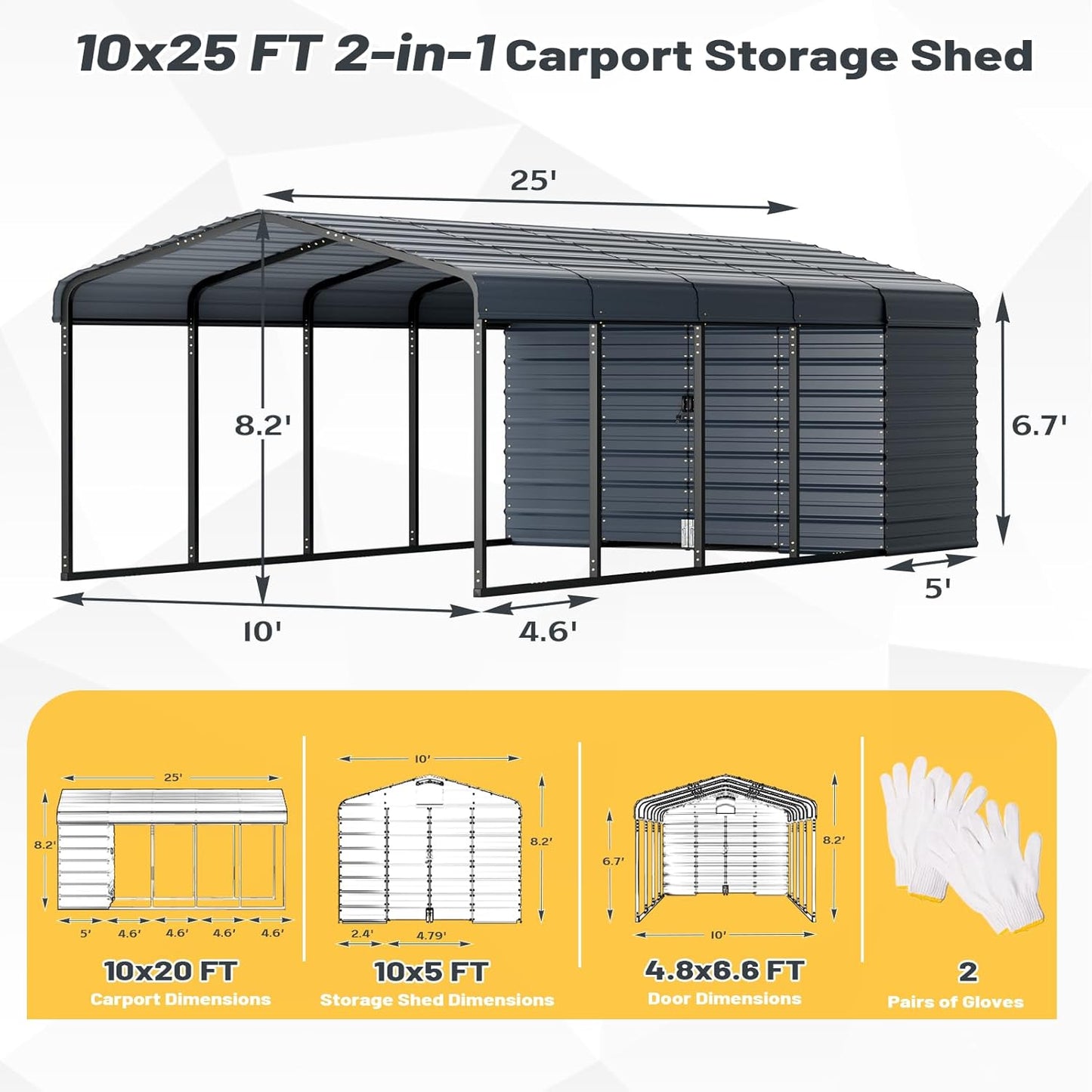EROMMY 10x25 FT Carport Storage Shed 2-in-1, Heavy Duty Car Port with Galvanized Metal Frame, Base-Reinforced Enclosed Storage Shelter, Extended Coverage for Trucks, Cars & All Vehicles, Gray