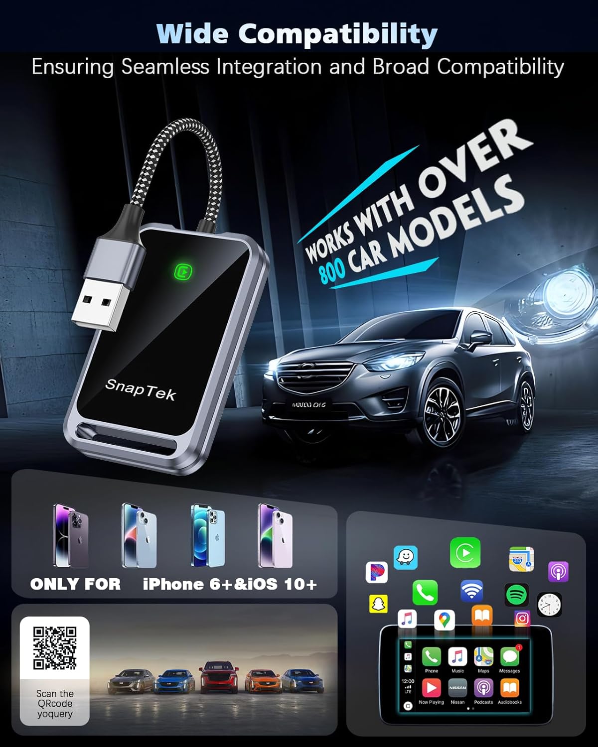 Wireless CarPlay Adapter for Apple iPhone, Convert Wired to Wireless CarPlay Dongle, Plug & Play, Stable Connection Compatible with Cars 2016+ & iOS 10+ (Auto-Reconnect, Gray)