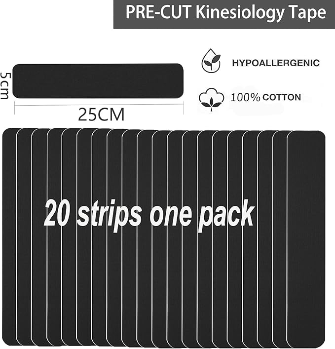 Kinesiology Tape Pro Athletic Sports Waterproof Breathable Athletic Elastic Kneepad Muscles & Joints Pain Relief Knee Taping for Gym Fitness Running Tennis Swimming Football (Black, 20 Strips)