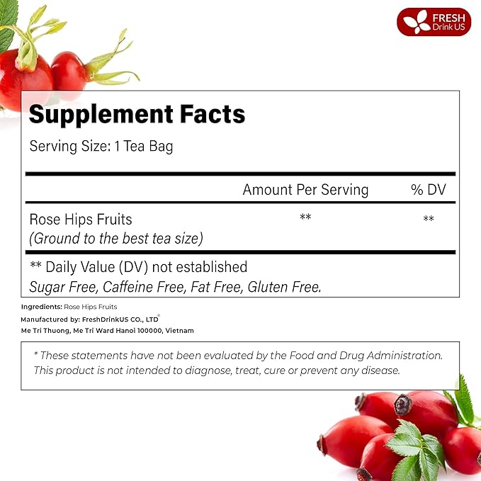FreshDrinkUS, Premium 30 Rosehip Tea Bags, 100% Natural & Pure from Rose Hip Fruits. Loose Rosehip Herbal Tea. Made with Natural Material Tea Bags. No Sugar, No Caffeine, No Gluten, Vegan.