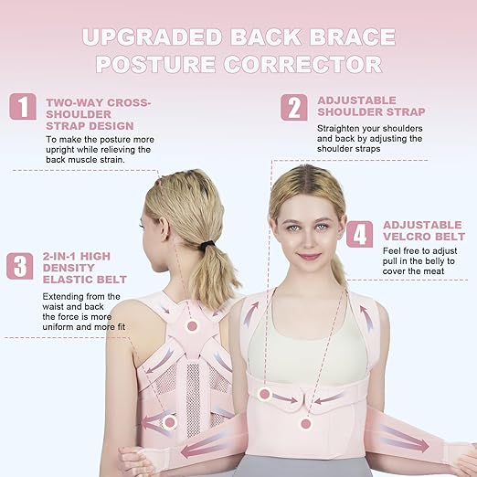 Posture Corrector for Women and Men Upgraded Back Brace, Adjustable Full Back Support for Upper and Lower Back Pain Relief, Shoulder Straightener for Hunchback, Scoliosis, Lumbar, Spine (Pink, Medium)