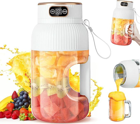 Portable Juicer Cup, Multifunctional Portable Juicer with Digital Display, 40 Oz BPA Free Smoothie Cup To Go, USB Rechargeable Electric Blender for Kitchen/Home/Travel - White