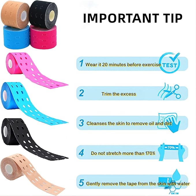 Waterproof Kinesiology Tape-4 Rolls | Elastic Athletic Tape for Joints Support & Muscle Pain Relief,Latex Free Cotton Sport Tape with Hole Perfect for Any Activity(4Color-Hollow)