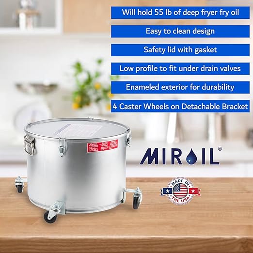 MirOil 7 Gallon Oil Disposal Caddy with Caster Wheels, USA Made Deep Fryer Grease Bucket Pot with Lid Lock & Lock Clip, 55Lb. Frying Oil Disposal Storage Container, Filtering Hot Cooking Grease - 60LC