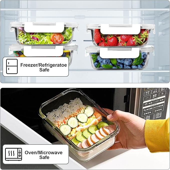 VERONES 10 Pack 22 OZ Glass Meal Prep Containers, Airtight Glass Lunch Containers Set,Glass Food Storage Containers with Lids,BPA Free, for Microwave, Oven, Freezer & Dishwasher Friendly,White