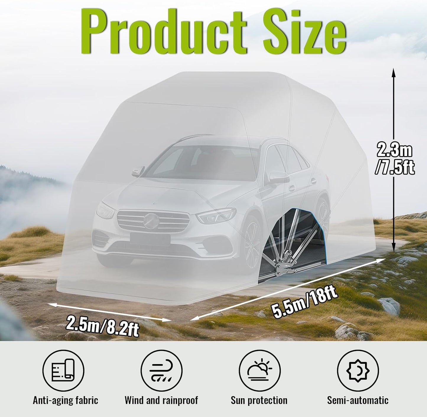 Heavy Duty Stainless Steel Carport,Semi-Automatic Carport, Retractable Car Port Awning, Portable Foldable Garage Canopy Tent for Outdoor,Lockable,Durable Shelter,Grey,18×8.2×7.5FT