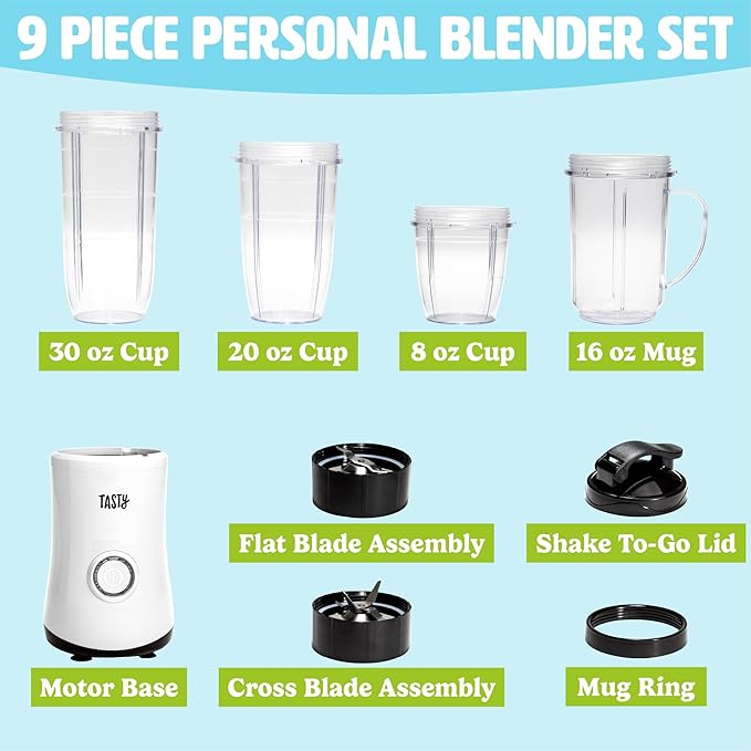 Personal Blender With Cups, 350W Powerful Blending Motor, 9-Piece Set With 4 Cups & Travel Lid, Compact & Portable, White