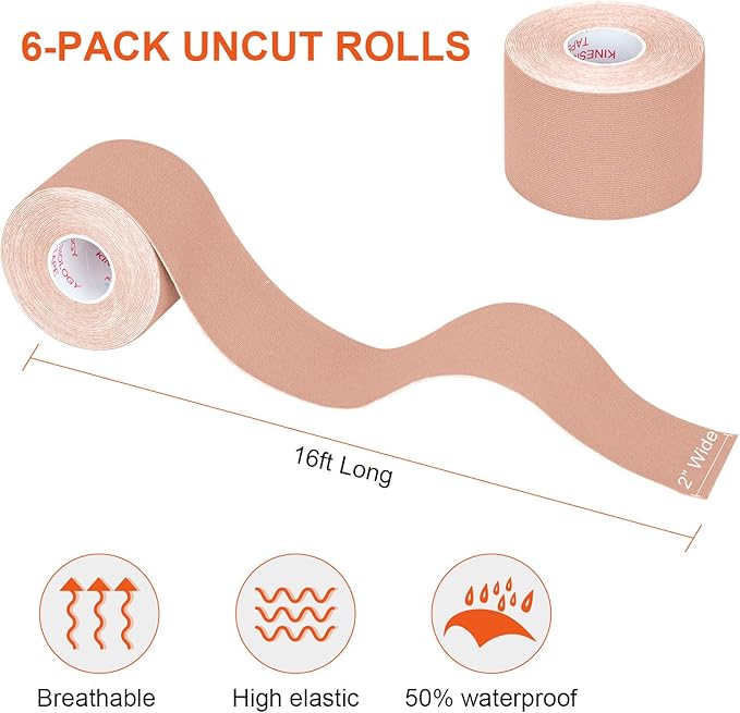 Kinesiology Tape Athletic Tape Sport Tape, Lychee Supports & Protects Muscles, Waterproof and Latex Free, Breathable Elastic for Sport Activity (Beige, 6 Rolls)
