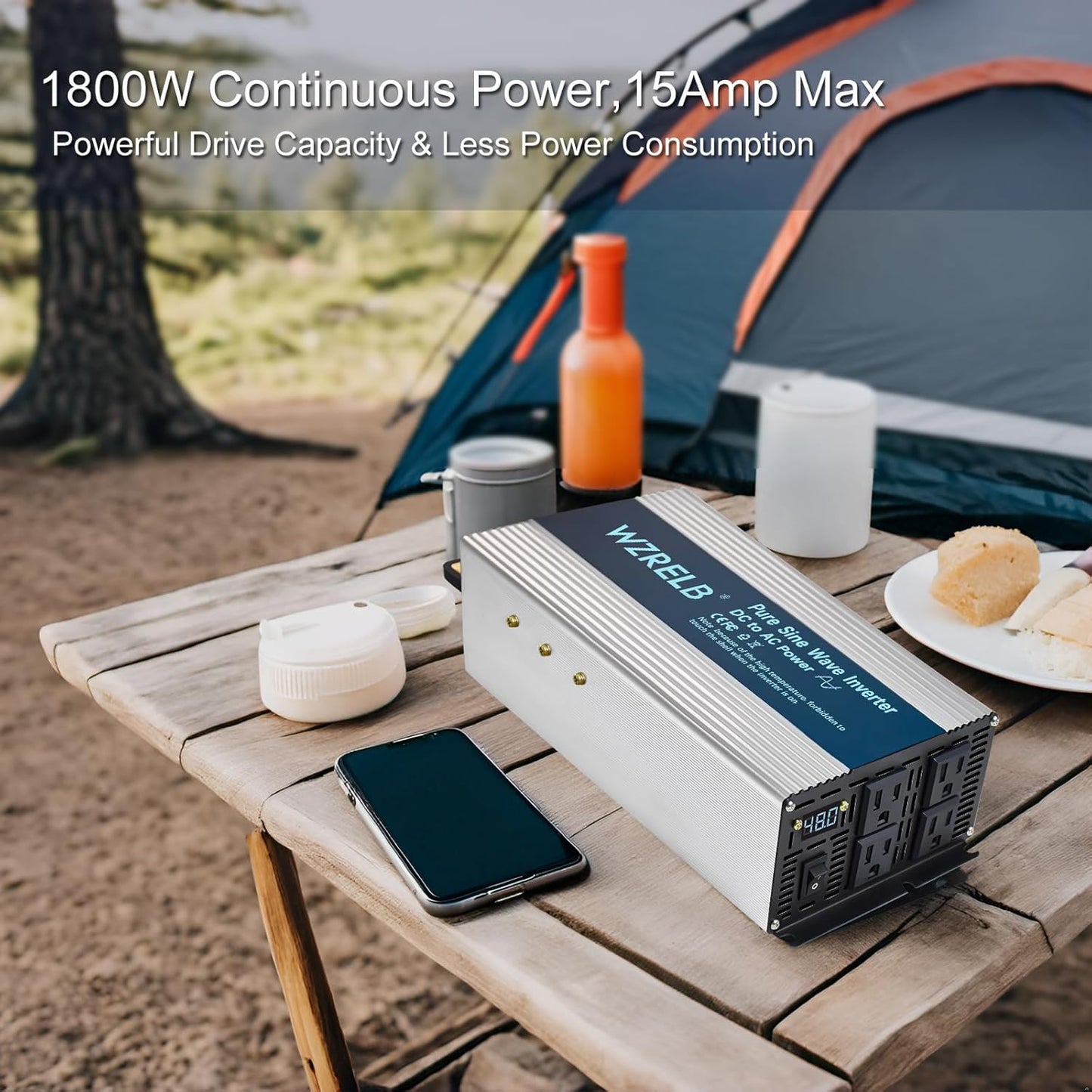 WZRELB 1800W Pure Sine Wave Inverter 24V DC to 110V 120V AC,Car Power Inverter with 4 AC Outlets, LED Display,Off-Grid Portable Power Converter for Home, RV, Truck, Camping