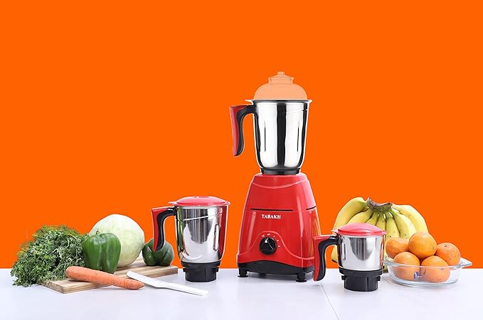 TABAKH Indian Mixer Grinder | 3 Stainless Steel Jars | 650 Watts | 110-Volts | Red