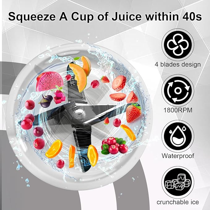 Portable Blender for Smoothies and Shakes, 2 Portable Blender Cups, 17 &10 oz Cordless Personal Small Blender with Straw Brush&Lid, USB-C Rechargeable, Quiet Mini Travel Blender, White