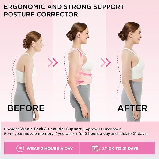 Women Posture Corrector Support for Back: Relieve Upper Back Pain Straighten Body (Pink, Medium)