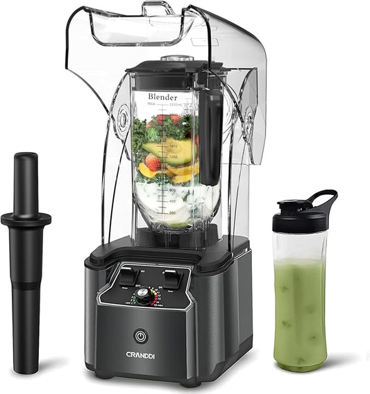 CRANDDI Commercial Quiet Blender, 2200 Watt Professional Countertop Blender with BPA-FREE 80oz Pitcher, Built-in Pulse & 15-speeds Control, Smoothie Blender for Commercial and Home, K90 Grey