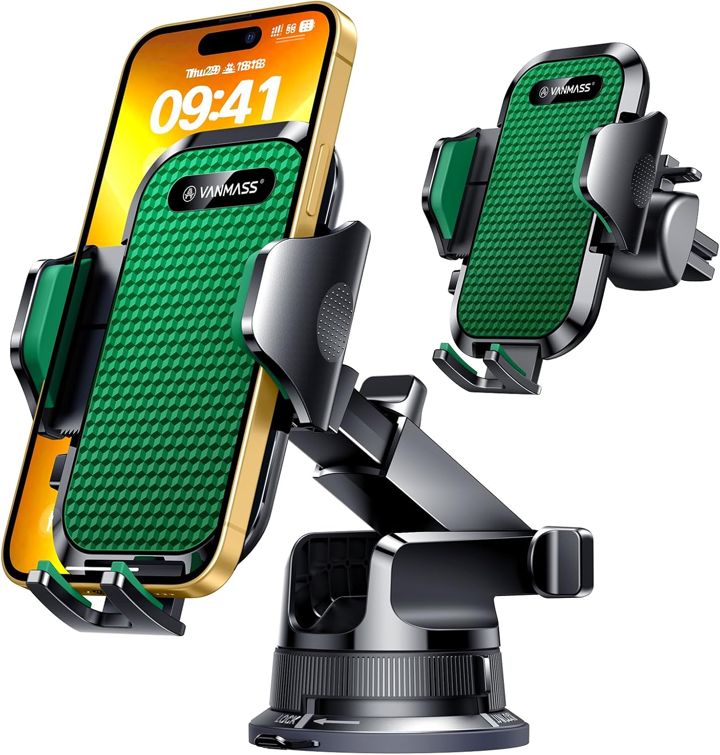 VANMASS [Pro Version] Universal Car Phone Mount [Super Suction Cup] Dashboard Phone Holder, Handsfree Windshield Dash Vent Phone Holder Car, Compatible for iPhone 16 15 14 13 Samsung LG & Truck,Green