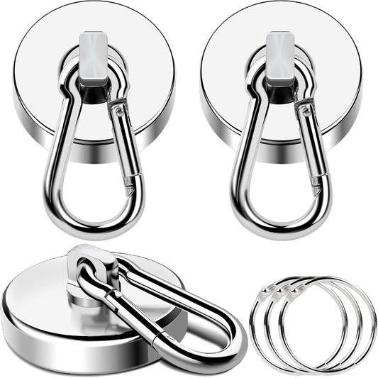 MIKEDE 150LB Magnetic Hooks, Neodymium Magnets Heavy Duty with Swivel Carabiner Hooks, Strong Rare Earth Magnets with Hooks for Garage, Kitchen, Cruise Cabin, Office - 3 Pack