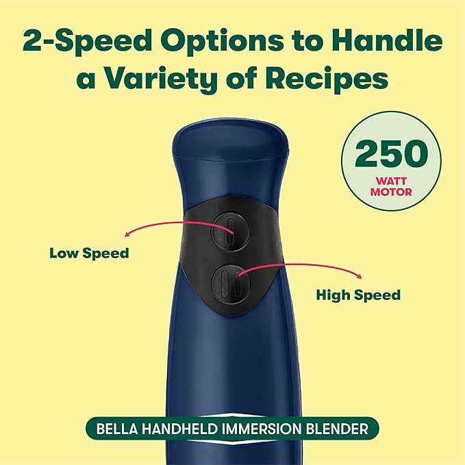 BELLA Immersion Blender, Portable Mixer and Emulsifier with Whisk Attachment, 2 Speed, Electric Handheld Juicer, Shakes, Baby Food and Smoothie Maker, Stainless Steel, BPA Free, 250 Watt, Blue
