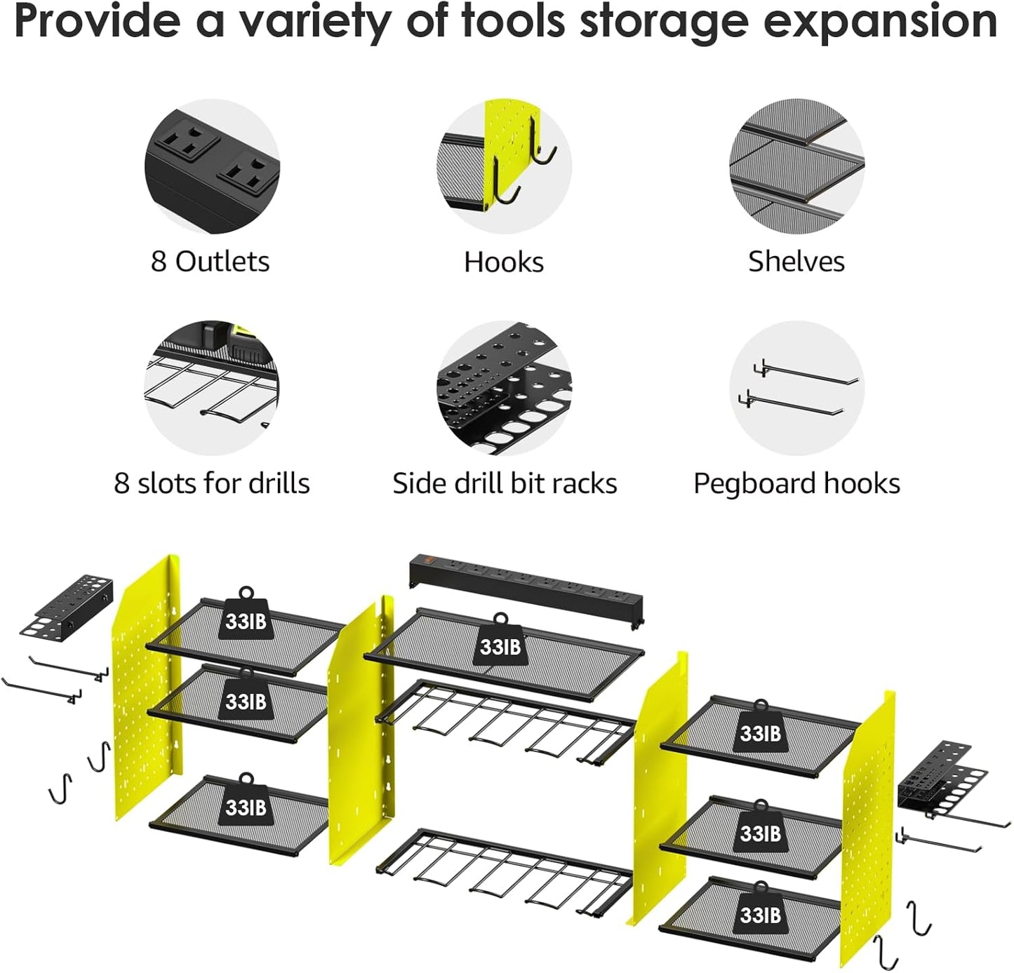 CCCEI Green Large Tools Organizer Wall Mount Charging Station, 39 Inch Long Power Tool Battery Storage Rack with 6FT Power Strip. 8 Drill Holder, Garage Utility Shelves. Pegboard Hanging Extension.