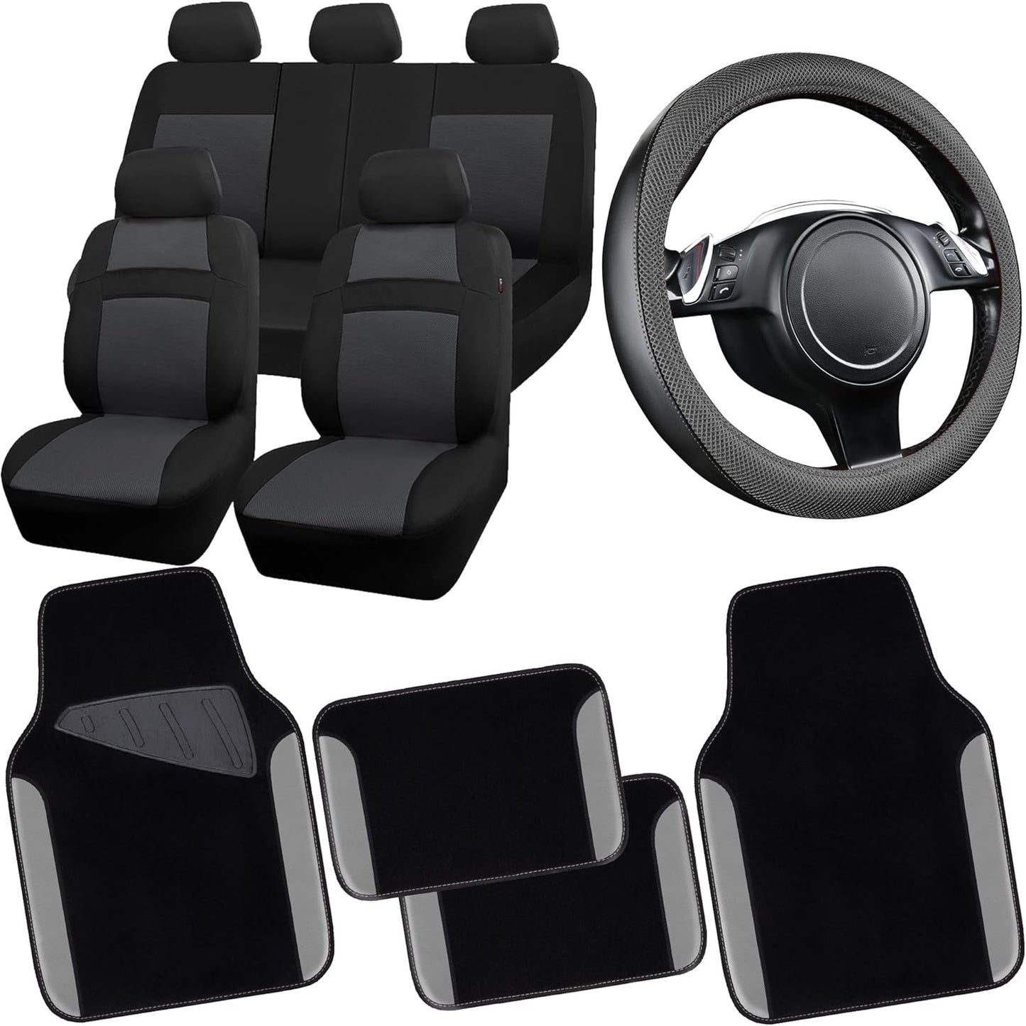 CAR PASS 3D Air Mesh Car Seat Covers Full Sets w/5mm Sponge, 4Pcs Waterproof Car Floor Mats, Steering Wheel Cover Universal Fit for SUV Sedan Truck, Airbag Compatible Automotive Interior(Black Gray)