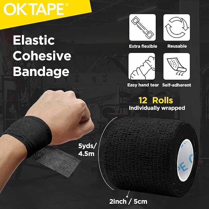 OK TAPE 12 Rolls Self Adhesive Bandage Wrap, Elastic Athletic Tape, Self Stick Bandage Tape, Vet Wrap, Medical Wrap for Wrist, Feet, 2" x 5 Yards