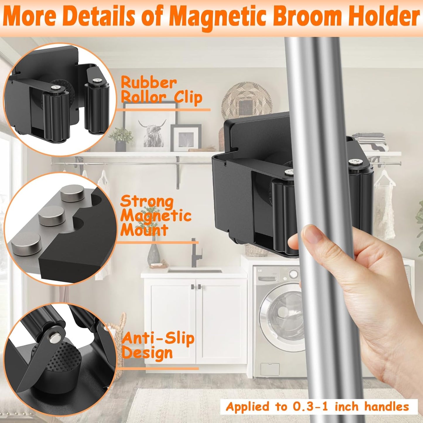 4 Pack Strong Magnetic Mop Broom Holder, Heavy Duty Magnetic Broom Mop Hanger for Cleaning Tools, Wall Mounted Mop Broom Holder for Laundry Garage Kitchen Workshops Shed