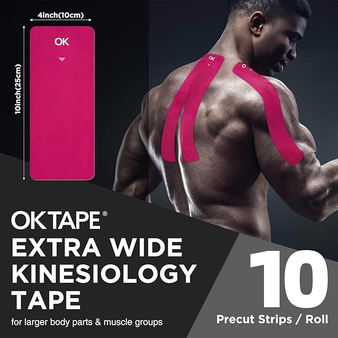 OK TAPE Extra Wide Kinesiology Tape, Precut K Tape Strips, Elastic Physical Therapy Athletic Tape for Pain Relief & Joint Support | Back, Shoulder, Knee (4" x 10" - 20Pcs) Pink