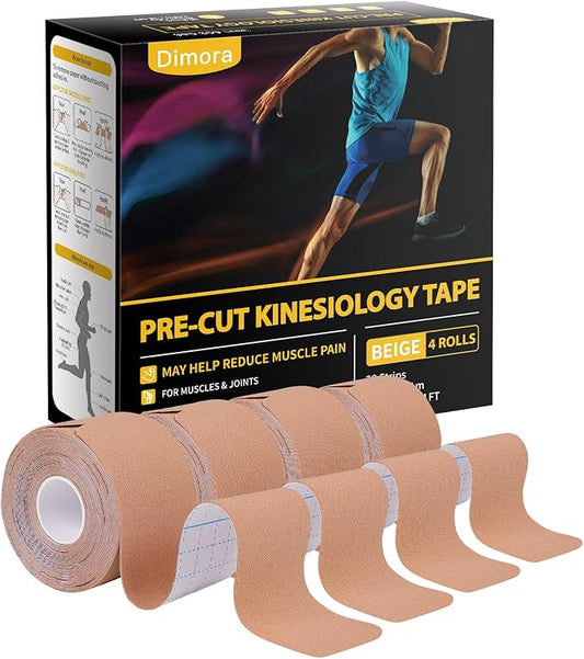Dimora Kinesiology Tape, 80 Count Precut Strips 4 Rolls, Original Cotton, 10” Elastic Athletic Tape for Muscle Pain Relief and Joint Support, Beige