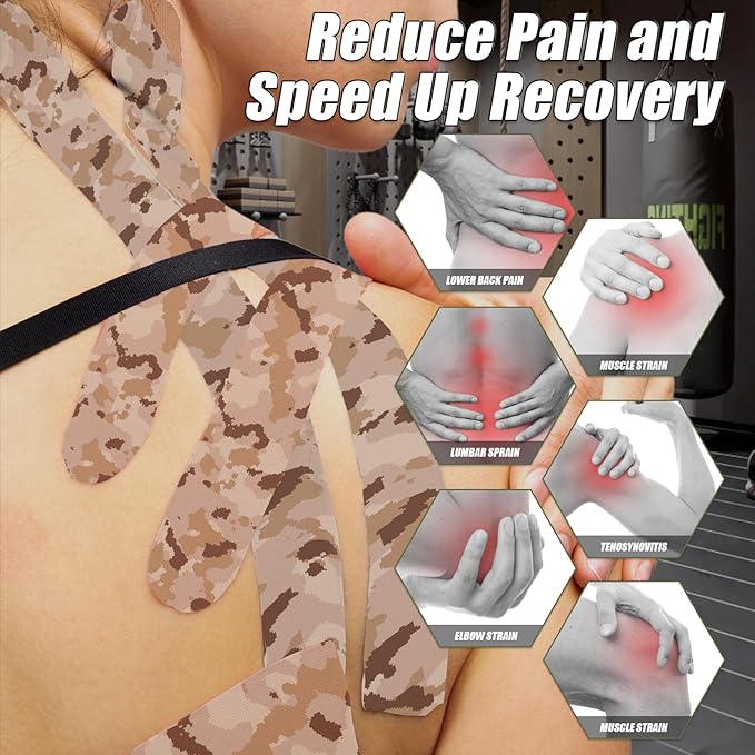 CKeep 4 Rolls Kinesiology Tape, Original Cotton Elastic Athletic Tape, 20 Precut 10" Strips Each, Desert Camo, Ideal for Muscle Support & Injury Prevention