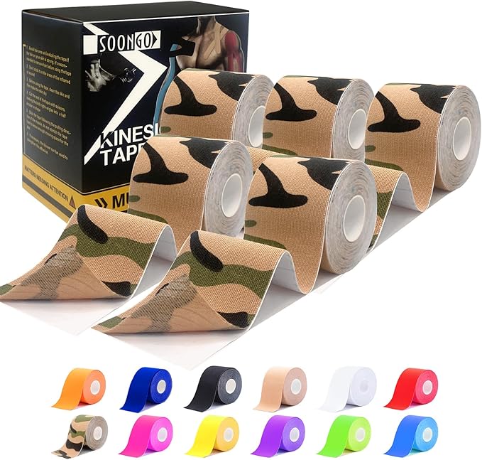 Kinesiology Tape Pro 5 Rolls, 2 Inch High Elasticity Sports Tape Therapeutic Pain Relief–Physio Tape for Muscle Recovery & Joint Support, Waterproof & Hypoallergenic & Breathable–Camo