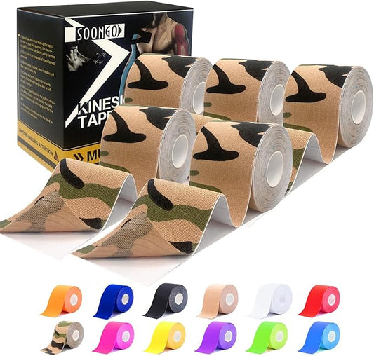 Kinesiology Tape Pro 5 Rolls, 2 Inch High Elasticity Sports Tape Therapeutic Pain Relief–Physio Tape for Muscle Recovery & Joint Support, Waterproof & Hypoallergenic & Breathable–Camo