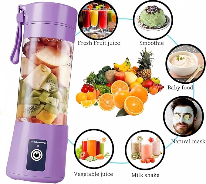 Portable USB Blender for Shakes and Smoothies – 380ml Personal Size, Rechargeable Juicer Cup, 6 Blades, 2000mAh Battery, Mini Travel Blender for Protein, Baby Food, Juice (Purple)