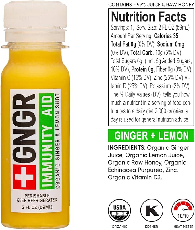 '+GNGR Immunity Sampler Organic Ginger Wellness Shots - Premium Ginger Shots for All Natural Digestive Support and Immune Support - Cold Pressed Ginger Juice - Nothing Artificial (2 Oz, Pack of 12)